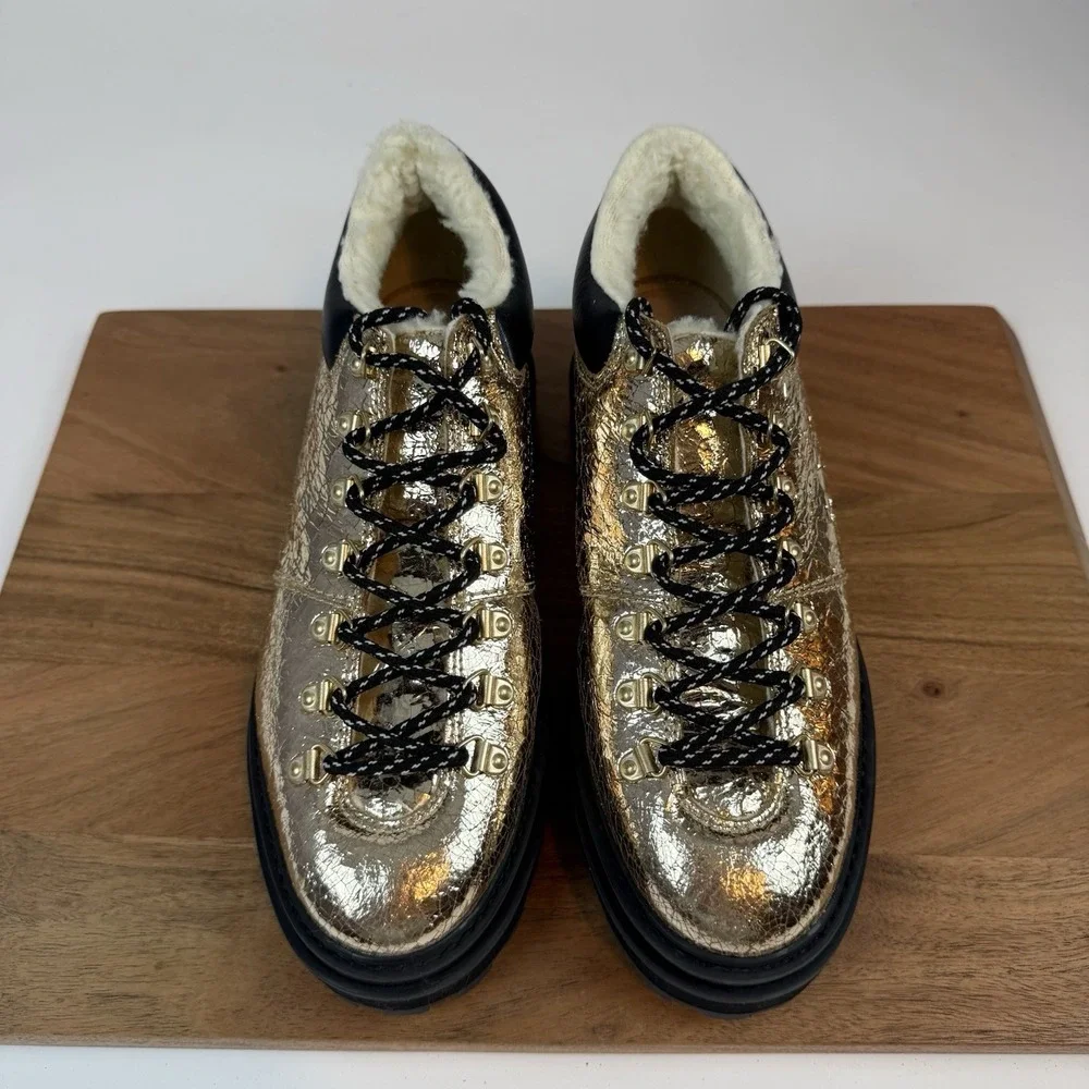 New Womens‎ Schutz Lucille Gold Metallic Leather Lace Up Platform Shoes Size 9.5